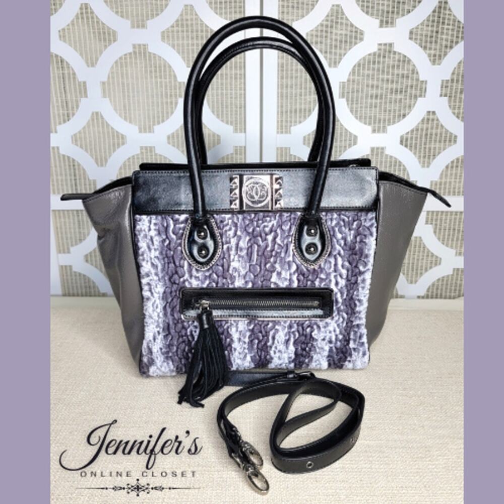 Sharif 1827 NWOT Gray/Purple Velvet & Faux Leather Large Tote